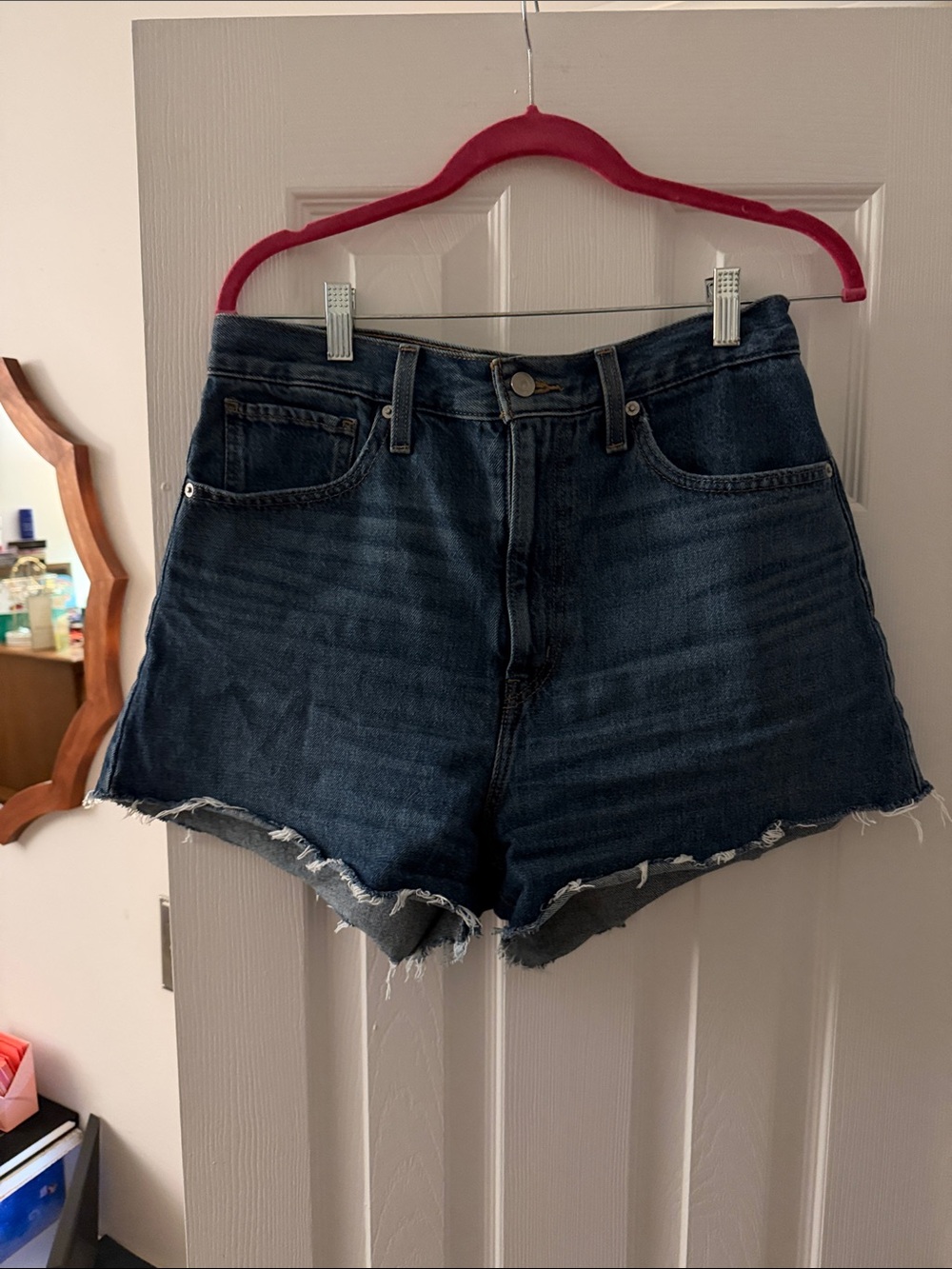 Levi's Dark Blue Frayed High-Waist Jean Shorts